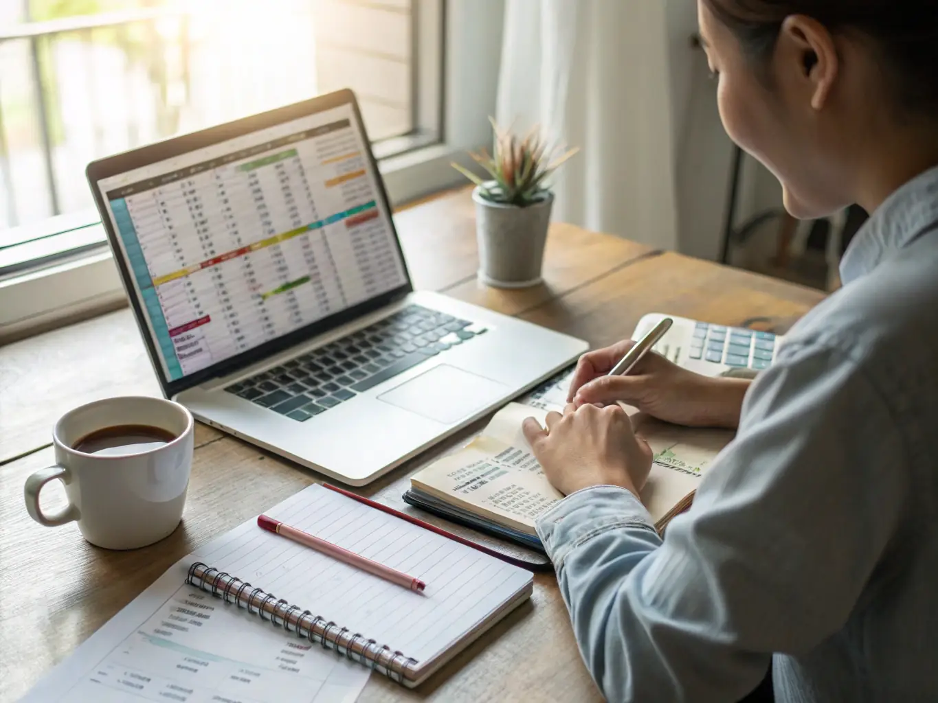 A spreadsheet template for budgeting, displayed on a laptop screen, surrounded by office supplies and a cup of coffee, symbolizing practical financial planning.