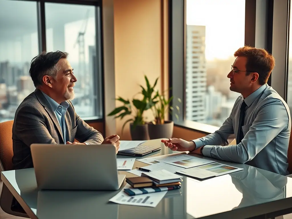An image of a financial advisor consulting with a small business owner over financial documents and a laptop, discussing strategies for financial growth.
