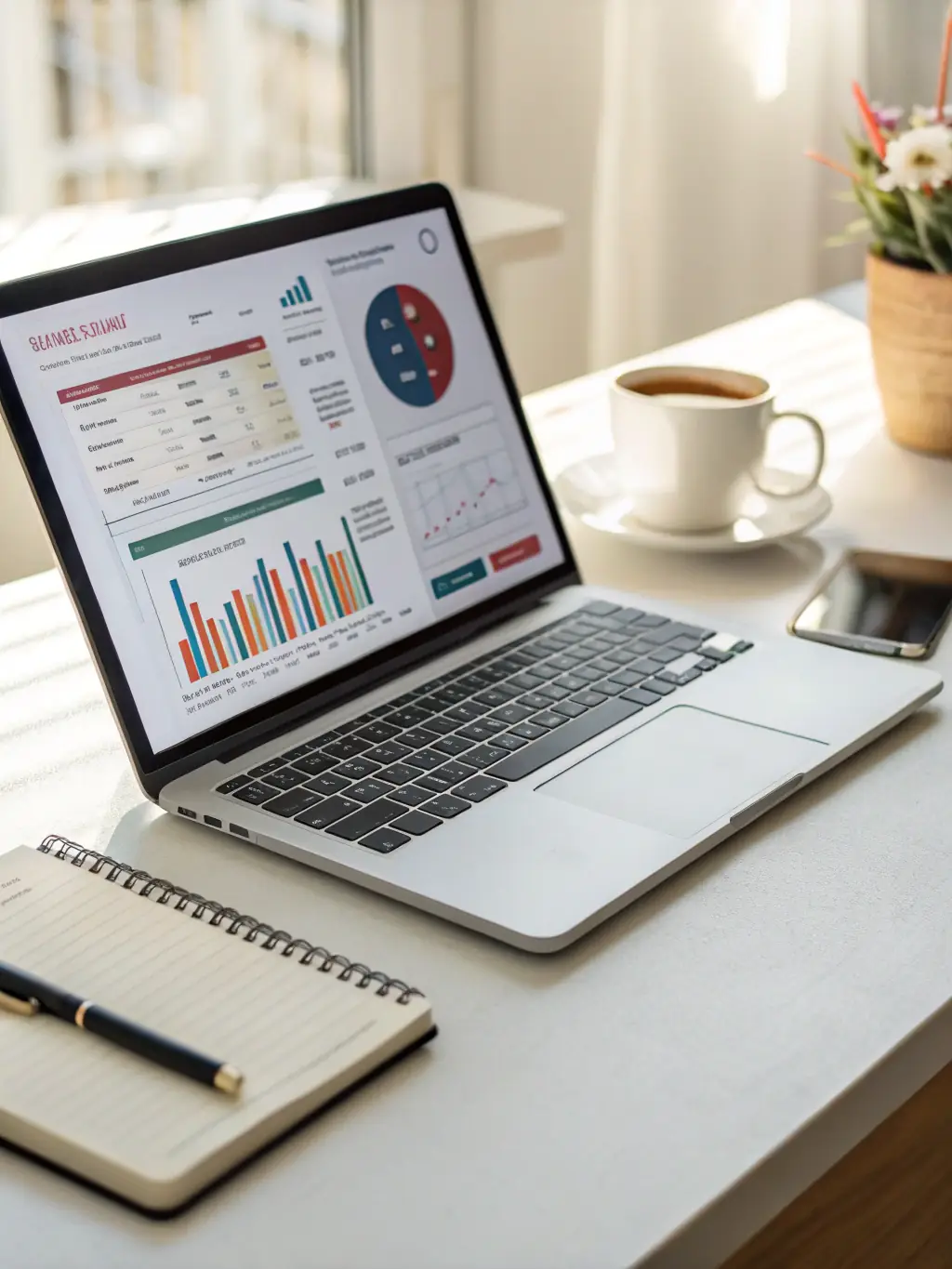 A professional-looking Excel budgeting template for small businesses, displayed on a laptop screen with a clean, modern interface.