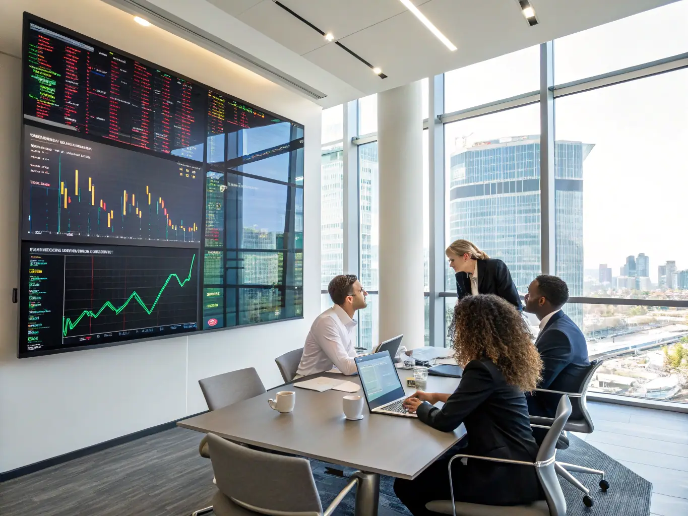 An image of a diverse group of people discussing investment strategies around a table, with charts and graphs displayed on a screen in the background.